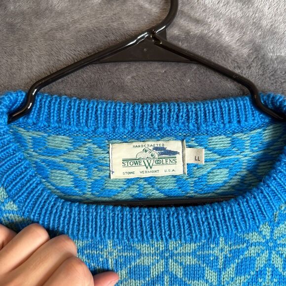 Stowe Woolens Large Pullover Geometric Sweater Crewneck Blue USA Hand Crafted - Picture 3 of 7